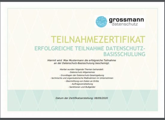 Beispielzertifikat Grossmann Datenschutz